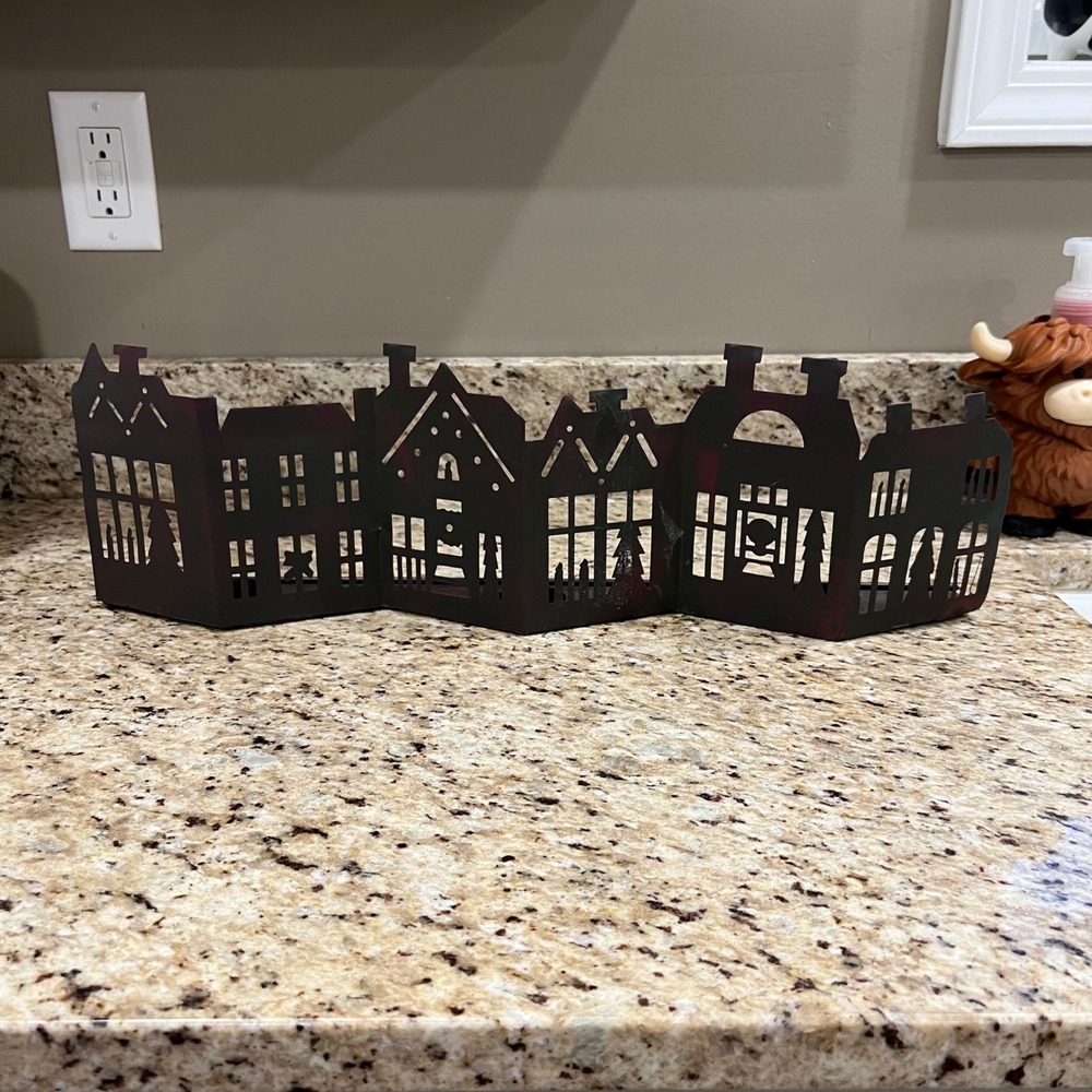 Rustic Metal Village Silhouette Tea Light Candle Holder Bronze 3-Cup 21 Inch